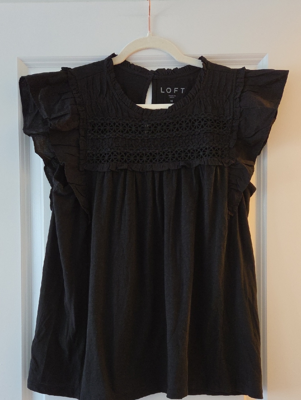 LOFT Black Crochet Yoke Flutter-Sleeve Blouse